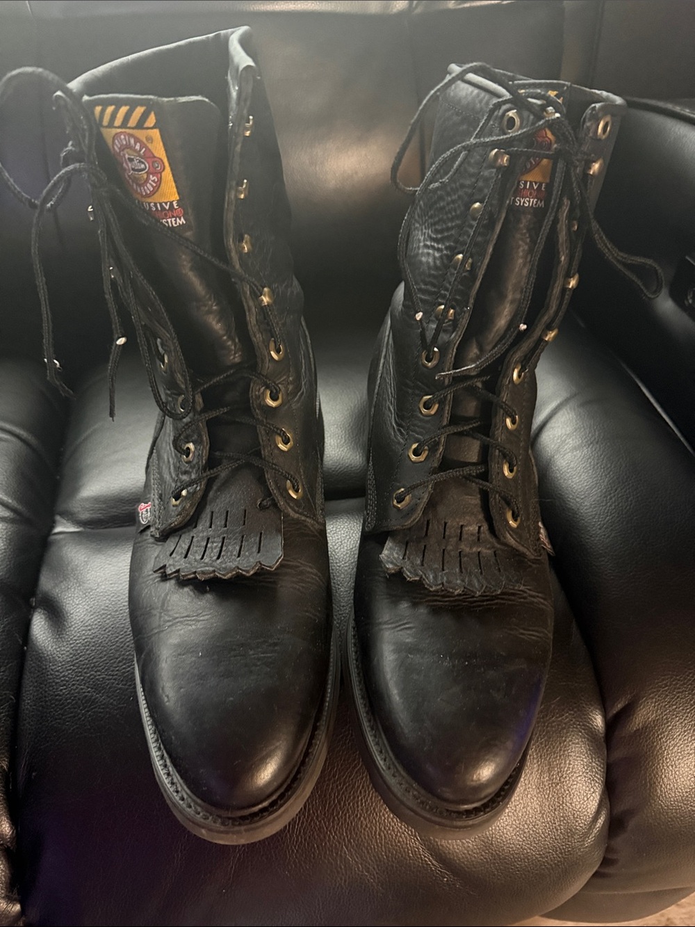 Justin Boots Black Leather Lace-Up Work Boots with Kiltie Fringe